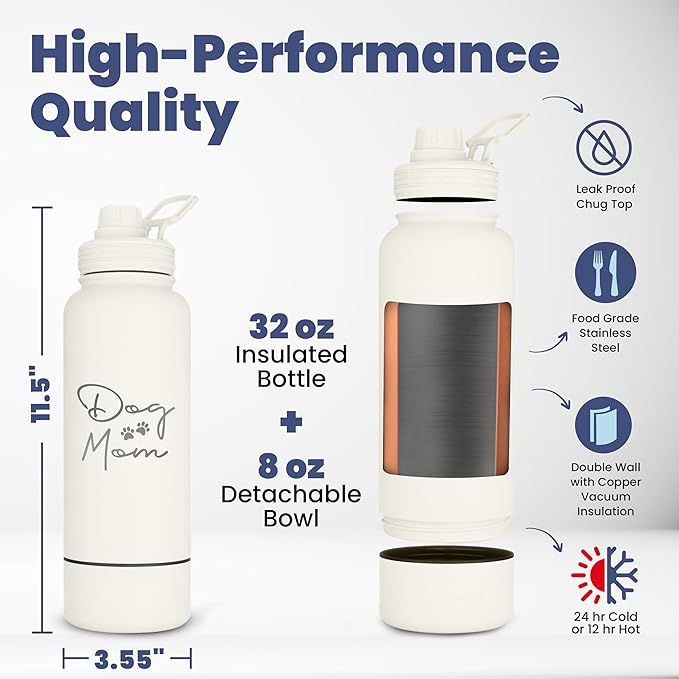 Dog Mom Water Bottle - 32 oz Stainless Steel Double Wall Insulated with 8 oz Detachable Bowl on Bottom - Cool Dog Mom Gifts for Women for Hiking, Walking, Travel and Everyday Adventures - DM Cream