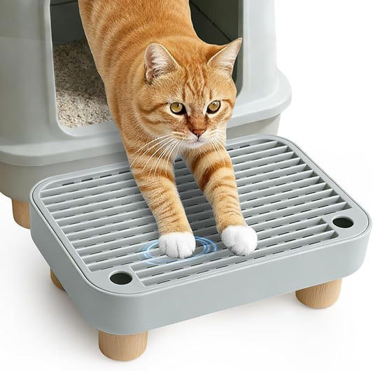 Litter Box Ramp, Cat Litter Catcher Mat with Wooden Feet, Filter Function, Litter Box Step for Small & Elderly Cats, Fits Automatic Litter Boxes (Light Grey)