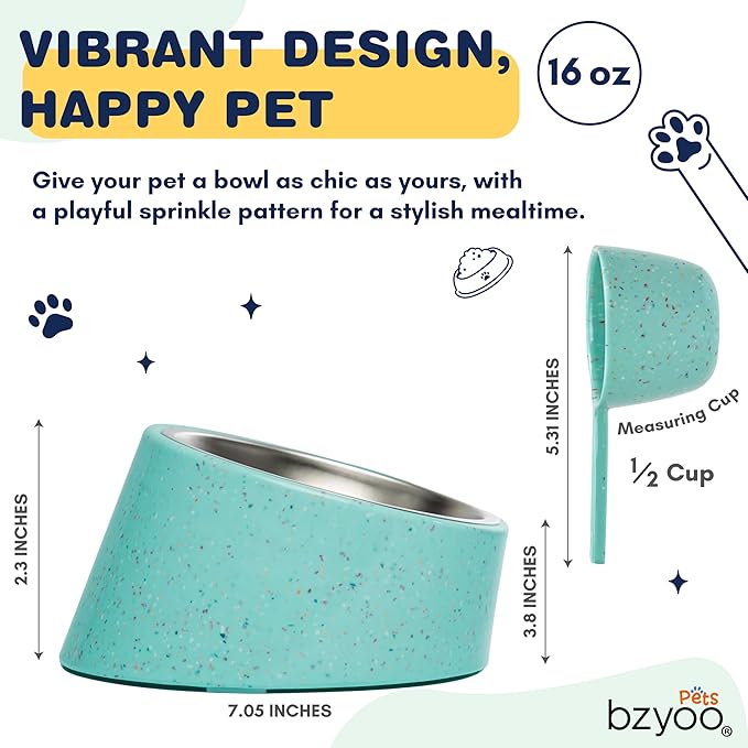 Bzyoo 2 Cup Tilted Dog Bowl with Measuring Scoop for Small Dogs & Cats, Stylish Sprinkle Design, Elevated, Stainless Steel 16oz Inner Bowl, Non-Skid, Help Cotain Spills Color:Green