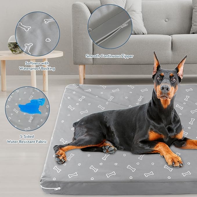 Waterproof Dog Bed Cover, Removable Dog Bed Covers Replacement Washable with Smooth Zipper, Indoor/Outdoor, Bone Print 44 x 54 x 4 Inch for Dog/Cat, Cover Only