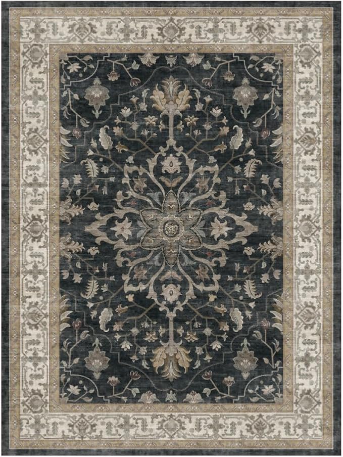 Area Rugs Round 6ft Washable Non-Slip, Floral Vintage Distress Print Pattern Medallion Carpet for Living Room Bedroom Dining Room, Vintage Black Brown Neutral