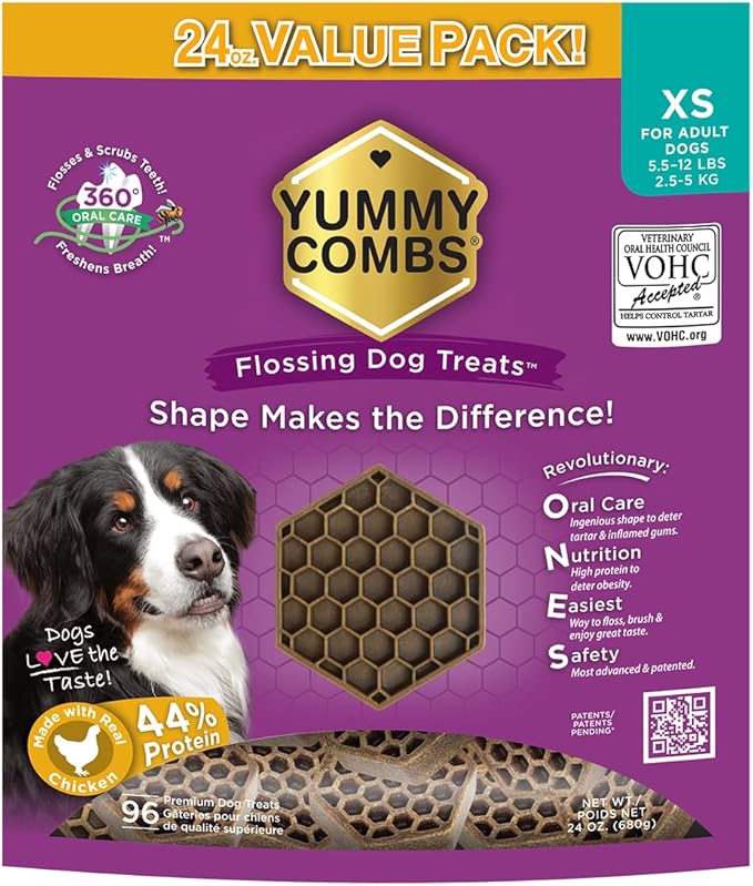 Yummy Combs Dog Dental Treats – Vet VOHC Approved – Delicious Chicken Protein – Removes Tartar with Cleaning Comb Shape – Dental Dog Treats for Extra Small Dogs (24oz, 96 Count)