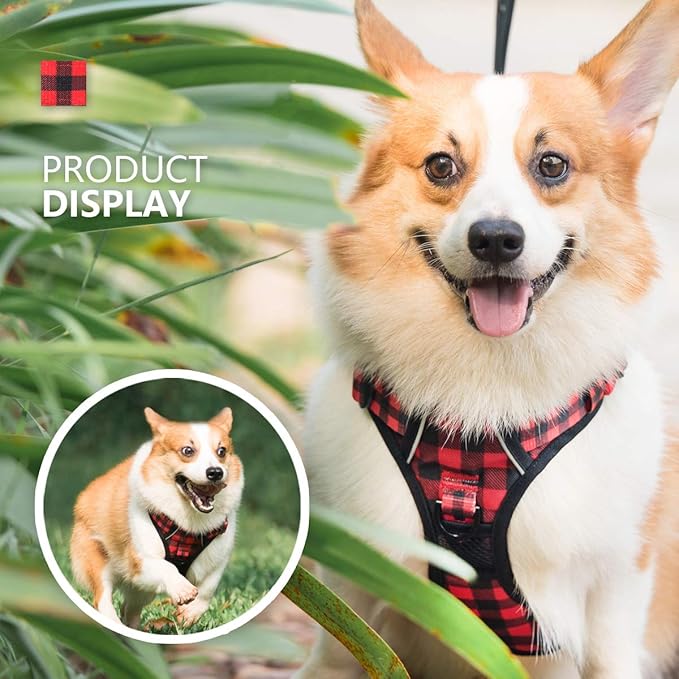 PoyPet No Pull Dog Harness, [Release at Neck] Reflective Adjustable No Choke Pet Vest with Front & Back 2 Leash Attachments, Soft Control Training Handle, Plaid(Checkered Red, M)