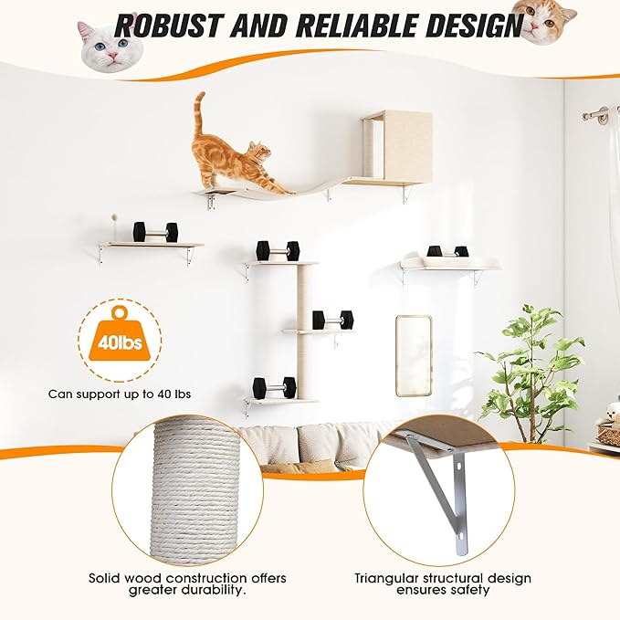COZIWOW Cat Wall Shelves Set, 5-Piece Wall Mounted Cat Furniture with Cat Tree & Scratching Post, Floating Cat Perches for Indoor Cats（Beige）
