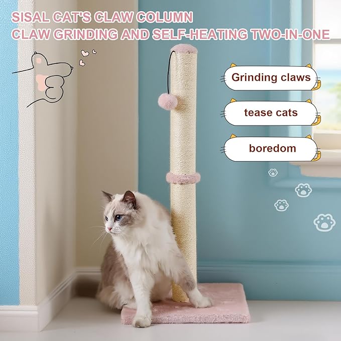 Dimaka Tall Cat Scratching Post, Claw Scratcher with Sisal Rope and Covered with Soft Smooth Plush, Vertical Scratch [Full Strectch] for Standard Size Cats (Pink, 34 inches for Large Cats)