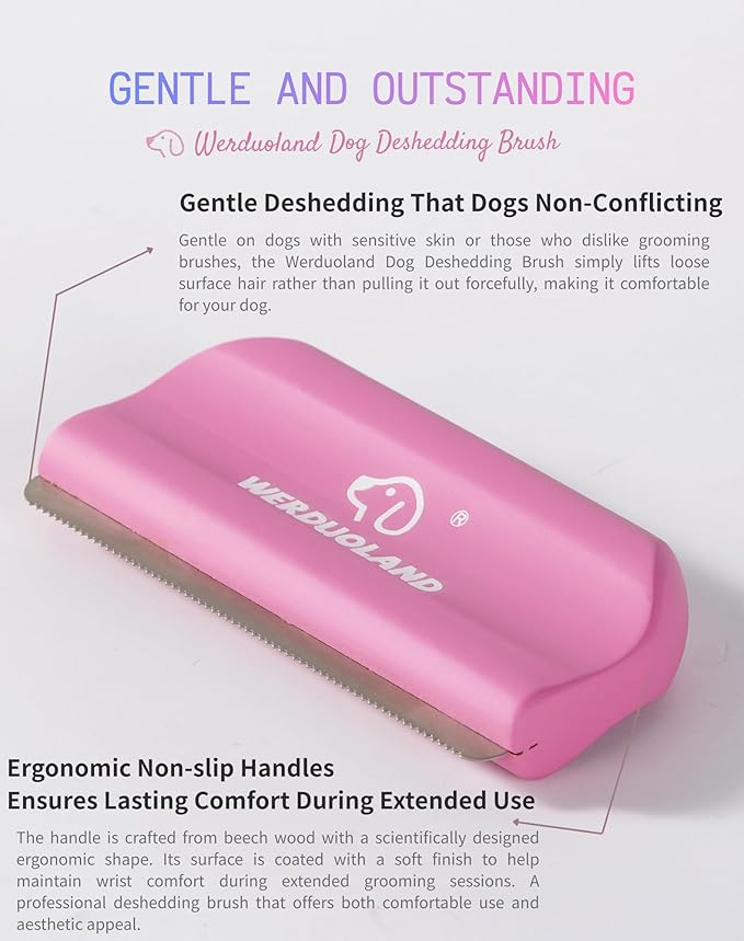 Gentle Deshedding Brush for Short, Medium & Long Hair Dog——Wooden Handle, Ergonomic Pet Deshedding Grooming Tool (pink)