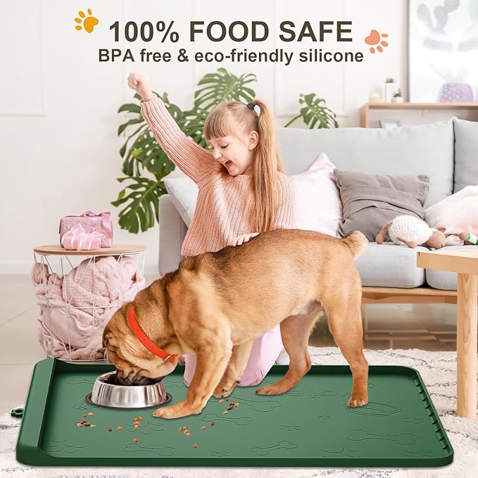 Dog Food Mat - Silicone Dog Mat for Food and Water - 36" x 24" Large Pet Feeding Mats with Residue Collection Pocket - Waterproof Dog Cat Bowl Mat with High Edges to Prevent Water Food Spills (Green)