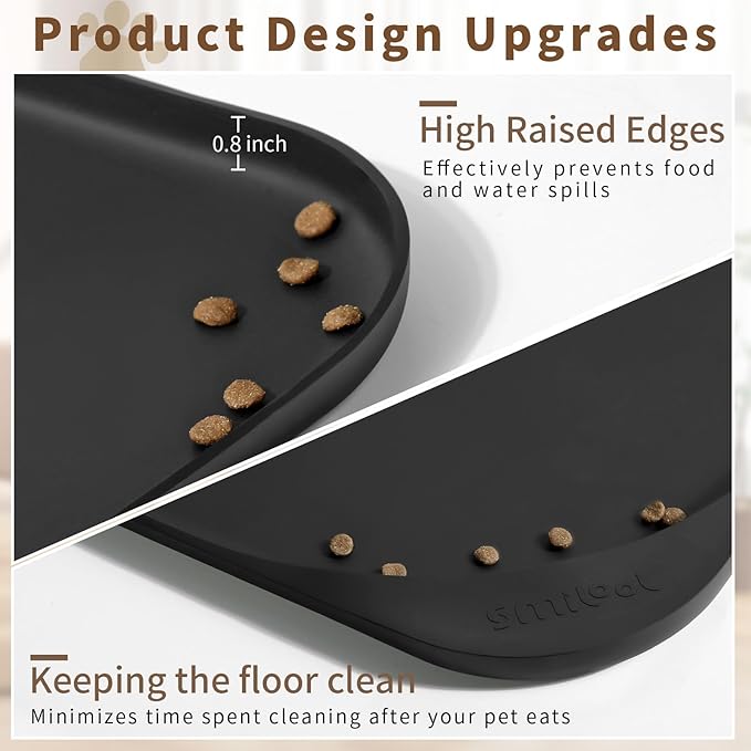Silicone Pet Food Mat with Raised Edge for Food and Water Bowl, Dog Feeding Mats, Cat Food Trays for Floor Waterproof, Rubber Tray for Dogs and Cats, 22 x 14 x 0.8 Black