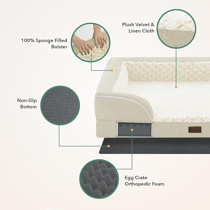 Orthopedic Dog Beds for Extra Large Sized Dogs, Waterproof Memory Foam XL Pet Bed with Sides 48x30Inch, Non-Slip and Egg-Crate Foam Big Dog Couch Bed with Removable Washable Cover, Beige