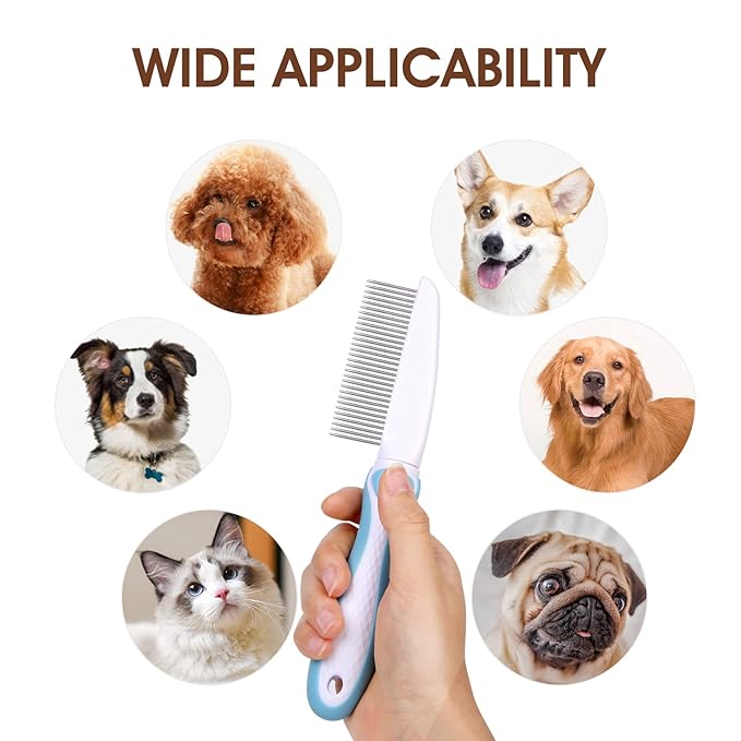 Professional Stainless Steel Grooming Comb for Dogs & Cats - Detangler for Long/Curly Hair, Removes Tough Mats, Knots & Tangles - Pain-Free Undercoat Deshedding Tool for DIY Pet Grooming
