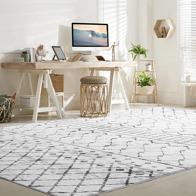 Lessymo Area Rugs 5x7, Washable Modern Area Rugs, Super Soft Faux-Wool Carpet for Living Room Bedroom Dining Room, Non-Slip Low Pile, Geometric Grey