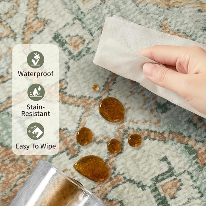 10x14 Area Rugs for Living Room Bedroom, Large Washable Rug, Green Vintage Retro Boho Rug, Non Slip & Low Pile Faux Wool Thin Carpet for Indoor Dining Room and Kids Room(Green/Brown 10x14ft)