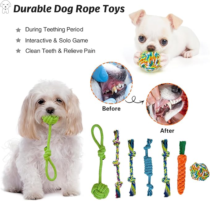 20Pcs Puppy Chew Toys for Teething, Dog Chew Toys with Rope Toys, Pet Dog Toothbrush, Treat Balls, Plush Toys and Squeaky Toy for Small Medium Dogs with Basket