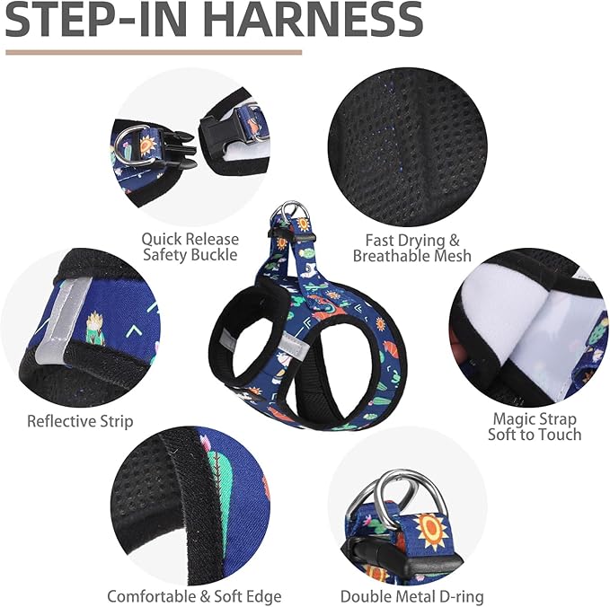 PUPTECK Adjustable Dog Harness Collar and Leash Set, Step in No Pull Pet Harness for Small Medium Dogs Puppy Cats Outdoor Walking, Soft Mesh Padded Reflective Vest Harnesses, Navy Blue Alpaca, XXS