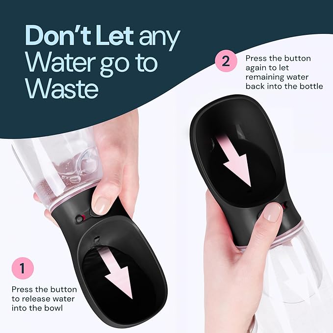 MalsiPree Dog Water Bottle Dispenser - 12 oz Black - Leak-Proof Lock & One-Hand Operation - On The Go Dog Water Dispenser - Pet Travel Bottle with Built-in Bowl, Travel & Hiking Ready