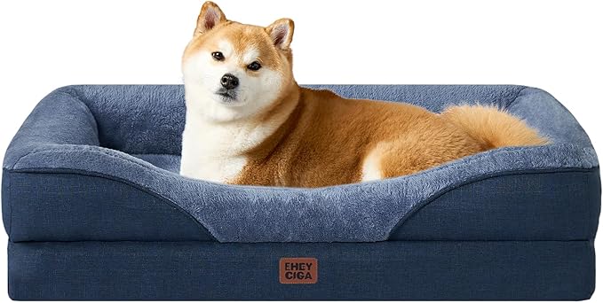 EHEYCIGA Orthopedic Dog Bed for Medium Dog, 35x22x6.5 Inch Memory Foam Dog Couch Bed with Sides, Waterproof Liner & Washable Removable Cover, Bolster Pet Sofa, Navy