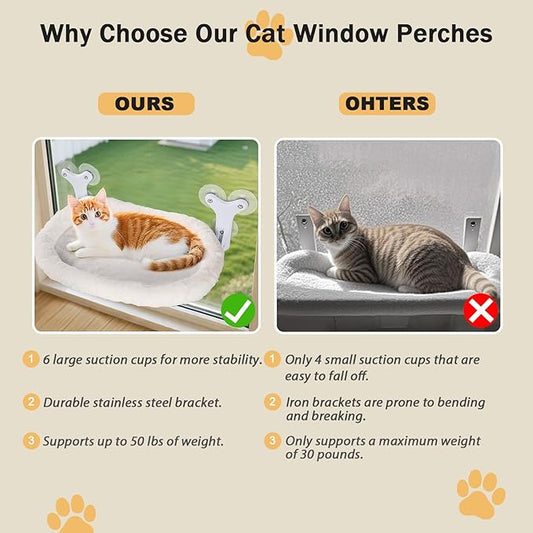 Cat Window Perch with 6 Strong Suction Cups,Includes Summer and Winter Removable Cushion - No Drill Installation,50LBS Support Foldable Cordless Cat Beds for Indoor Cats(Medium)