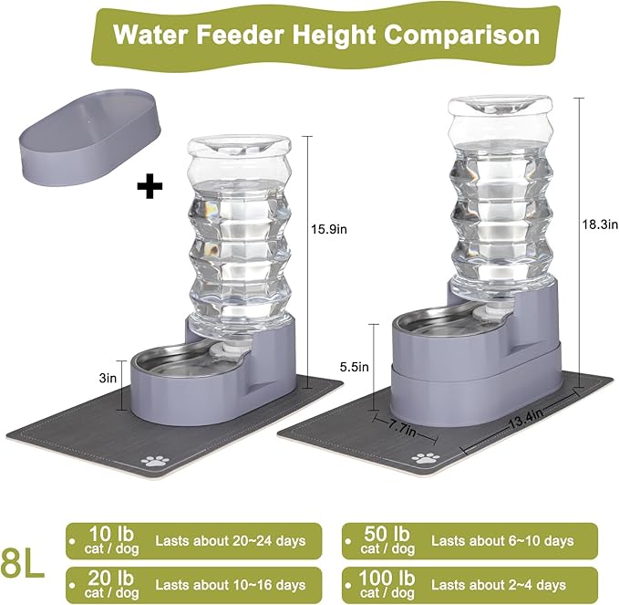 RIZZARI Large Water Dispenser for Dogs: 8L Gravity Gray Automatic Stainless Steel Waterer with Specialized Brush and Triple Filter - Raised Pet Feeder for Senior Dogs with Joint Pain in Bedroom Garden