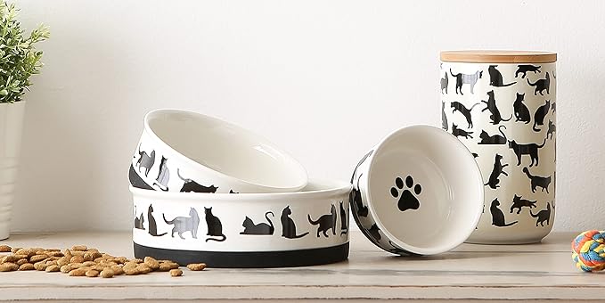 Bone Dry Ceramic Treat Jar for Cats and Dogs, Bamboo Lid, Dishwasher Safe Canister, 4x6.5", Black/White, Cat Treats