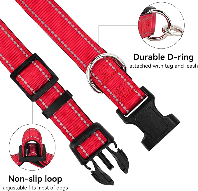 Reflective Dog Collar for Small Dogs, Soft Neoprene Padded with Quick Release Buckle, Adjustable Nylon Pet Collar for Walking,Red,S