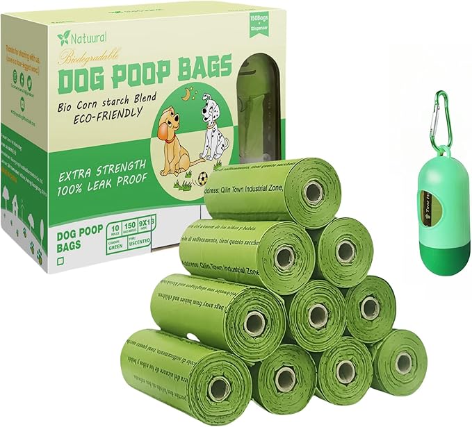 Dog Poop Bags-150 Counts with Holder (10 Rolls), Biodegradable Poop Bags, Eco-friendly and Easy to Open, Thick Dog Waste Bags (Green)