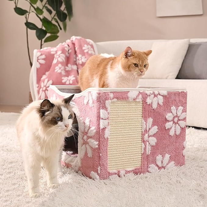Cat Houses for Indoor Cats, Cute Cat Cave with Fluffy Ball Hanging and Scratch Pad, Foldable Kitten Condo Hideaway, 17x17x13 inches, Pink Flower