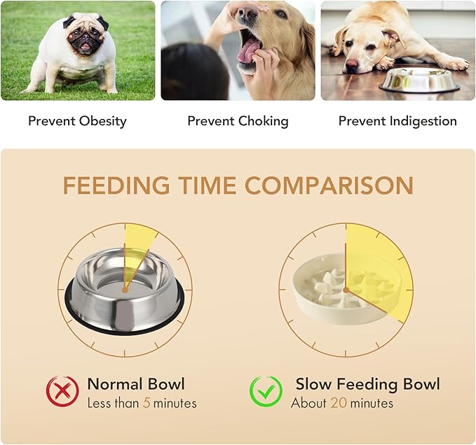 Ceramic Raised Slow Feeder Dog Bowl Set, Elevated 7.3inch Bowl and 8.2inch Slow Pet Food Dish with Wooden Stand for Medium and Large Dog (2 x Beige+ Stand)