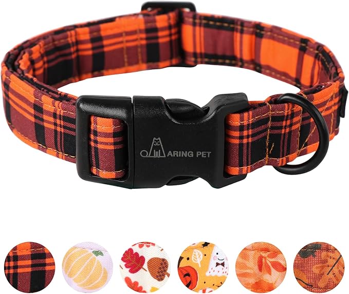 ARING PET Halloween Dog Collar-Cute Fall Dog Collar for Small Dogs, Cotton Halloween Orange Grid Dog Collars for Small Medium Large Female and Male Dogs
