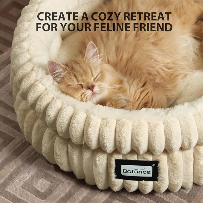 BALANCE Cat Bed Kitten Bed, Washable Round Cat Beds for Indoor Cats,Super Soft Plush Faux Fur Pet Bed for Puppy and Kitten with Anti-Slip Bottom