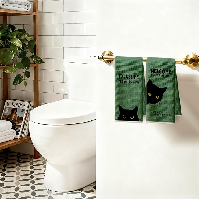 Funny Black Cat Bathroom Hand Towels Decorative Set of 2 - Funny Kitten Kitty Waffle Hand Towels for Guest Bathroom Decor, Black Cat Gifts for Cats Lovers, Unique House Warming Gifts New Home Idea
