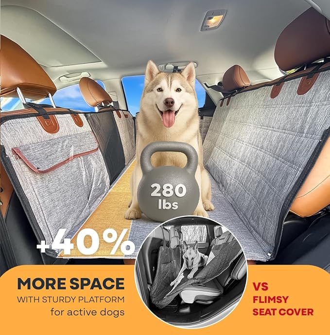 APetsPlanet Dog Car Seat Cover for Back Seat Hard Bottom - Waterproof Backseat Extender for Dogs - Pet Hammock for Car, Truck, SUV - Protector Bed with Mesh Window & Storage - Gray, with Door Covers
