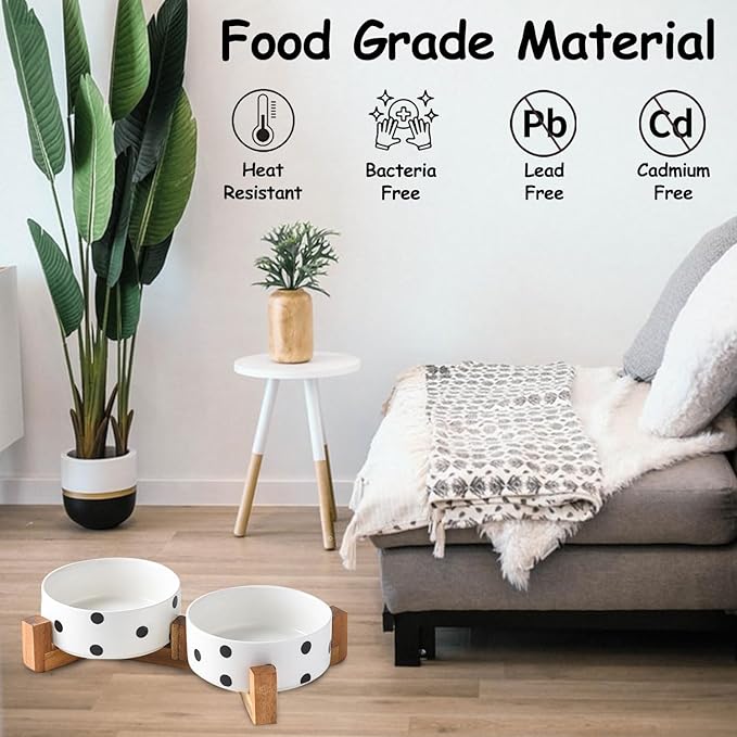 Petygooing Ceramic Dog Bowl Set with Stand,Cat Pet Food and Water Dishes,Small Dog Bowls Anti -Slip Set of 2 Cat Bowls Pet Food Dish Small Size Pet (13.5OZ/5.1 in) Black Dot