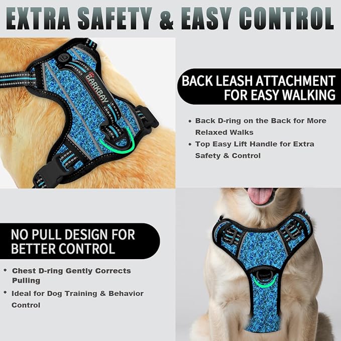 BARKBAY No Pull Dog Harness Large Reflective Dog Harness with Front Clip and Easy Control Handle for Walking Training Running with ID tag Pocket(Blue/Black,L)