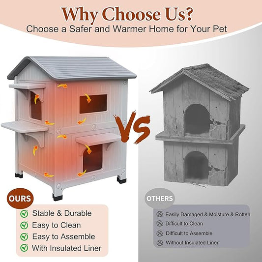 Insulated Cat House Outdoor Weatherproof Plastic Cats Houses with Escape Door, 2-Story Indoor Waterproof Feral/Pet Cat Shelter Outside for Multiple Cats, Grey