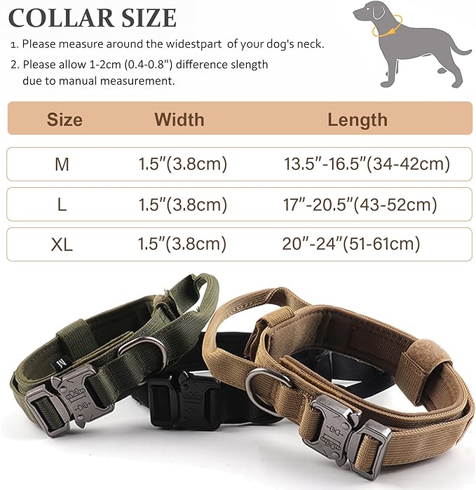 Tactical Dog Collar, Adjustable Military Training Nylon Dog Collar with Control Handle and Heavy Quick-Release Metal Buckle for Small Medium Large Dogs, Black L