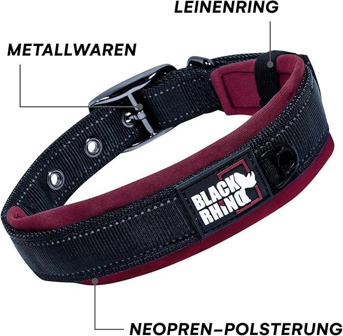 Black Rhino Dog Collars for Medium Dogs - Adjustable Reflective Heavy Duty Dog Collar with Ultra-Soft Neoprene Padding - Weatherproof, Durable, and Comfortable for Active Dogs - Burgundy and Black