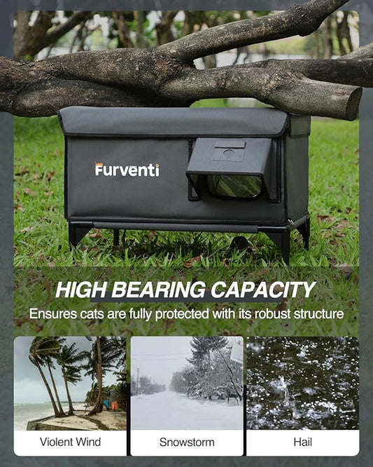 Heated Cat House for Outside,Dual Camera Mounts,100% Weatherproof & Extremely Insulated,Elevated Feral Cat Shelter with Escape Door,Waterproof Eaves for Outdoor Stray Barn Cat(Dark Grey,L)