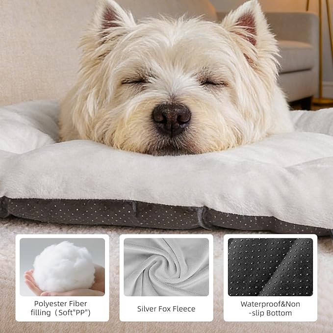 Washable Large Dog Bed for Medium & Large Breeds, Non-Slip Bottom & Plush Faux Silver Fox Fur Oval Cushion Pad for Big Dogs, Soft Mat for Crates, Light Grey, 41x27 Inch