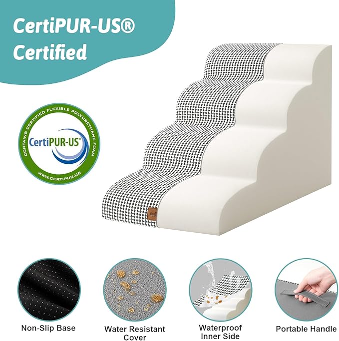 Dog Stairs for Small Dogs 19.7" H, Curved Dog Step for Puppy, Older or Cat, Medium Pet Ramp for Sofa, Couch or Bed, Ladder with High Density Foam, 15.7x28.3x19.7 inch, 4 Step, White Black