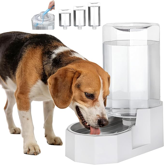 Sfozstra Automatic Pet Water Dispenser: 8L White Gravity Stainless Steel Water Bowl - with Specialized Brush - Angular Water Feeder for Senior Pet Dogs with Neck Pain Relief in Living Room Bedroom