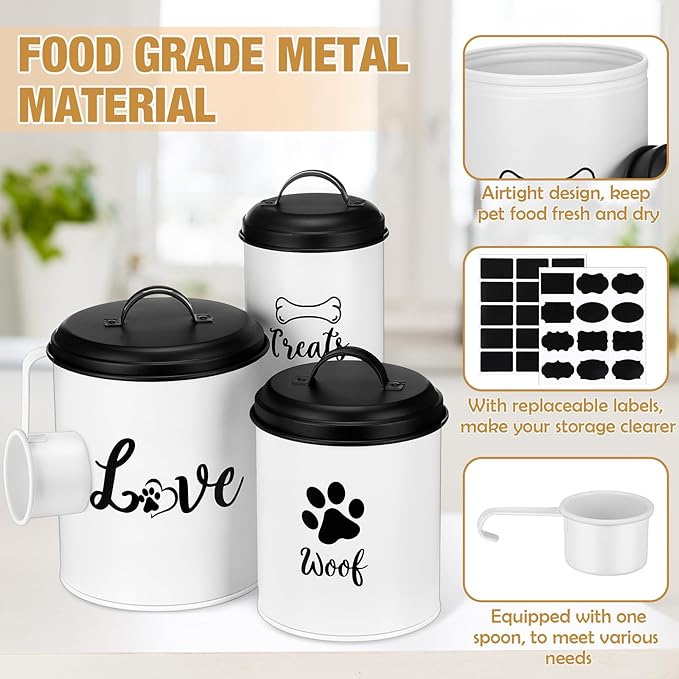 Dog Food Containers Set of 3 with Lids and Spoon Airtight Metal Dog Treat Snack Jars with DIY Labels Big Pet Cookie Storage Jar for Farmhouse Kitchen Counter(White)