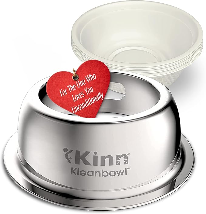 Kinn Kleanbowl Pet Bowl Stainless Steel Frame with Compostable Refills, 32 oz (Pack of 1) – Spill-Proof Stable Disposable Dog Bowls for Easy Cleaning and Healthy Pets, No Plastic