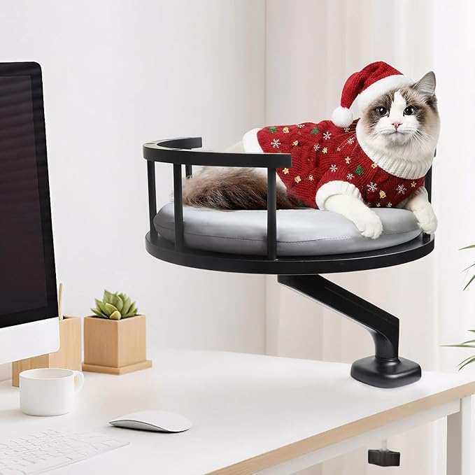 Cat Bed for Desk Solid Wood, Clamp-On Desktop Cat Perch with Memory Foam Cushion, Space-Saving Cats Bed Platform for Large Cats, No Drilling Needed, Elegant Pet Furniture for Office & Bedside