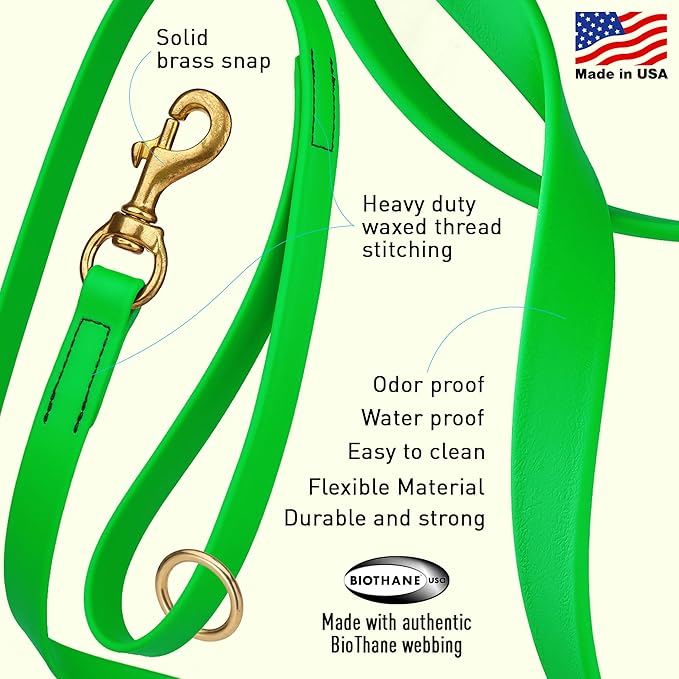 Viper Biothane K9 Working Dog Leash Waterproof Lead for Tracking Training Schutzhund Odor-Proof Long Line with Solid Brass Snap for Puppy Medium and Large Dogs 20in, Tropical Green