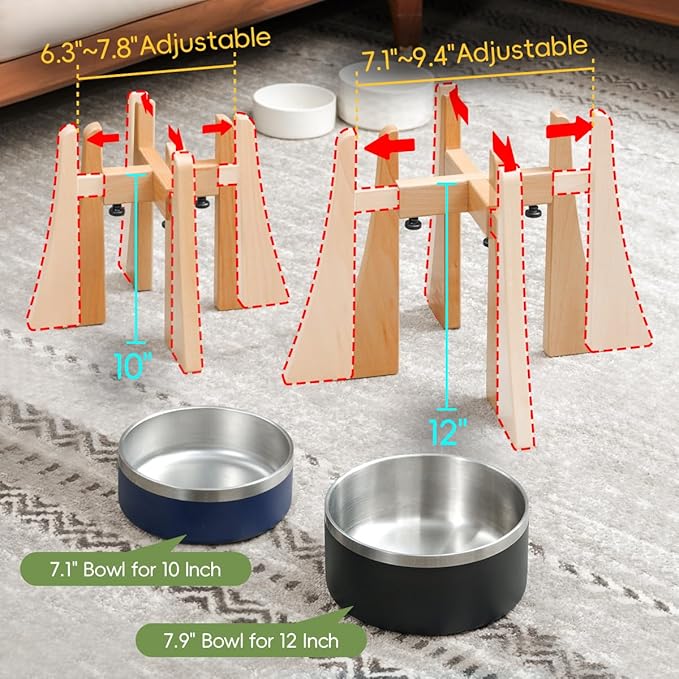 Beech Dog Bowl Stand for Medium Large Dogs,Elevated Dog Bowl Large Breed,Raised Bowl Stand，Adjustable Width for Different Bowls,Feeding Station with Non-Slip Feet (12-inch High)