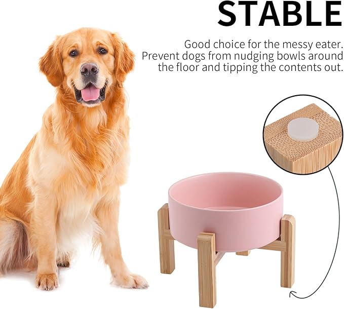 Pink Raised/Elevated Ceramic Dog Bowl for Medium Large Sized Breeds,Dog Food Water Bowl with Stand,8 in 7.6 Cups Non Slip Heavy Weighted
