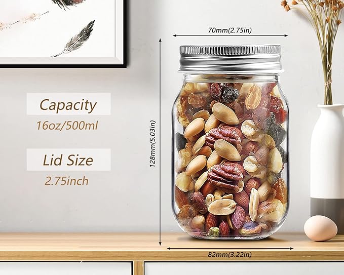 6 PCS Mason Jars with 70mm Regular-Mouth Glass Canning Jars, clear glass jars with Silver Metal Lids for Jelly, Sara,Bird’s Nest, Jam, Milk Tea,wedding-gifts,as an element of interior(2pcs 4.8oz/2pcs 8oz/2pcs 16oz)