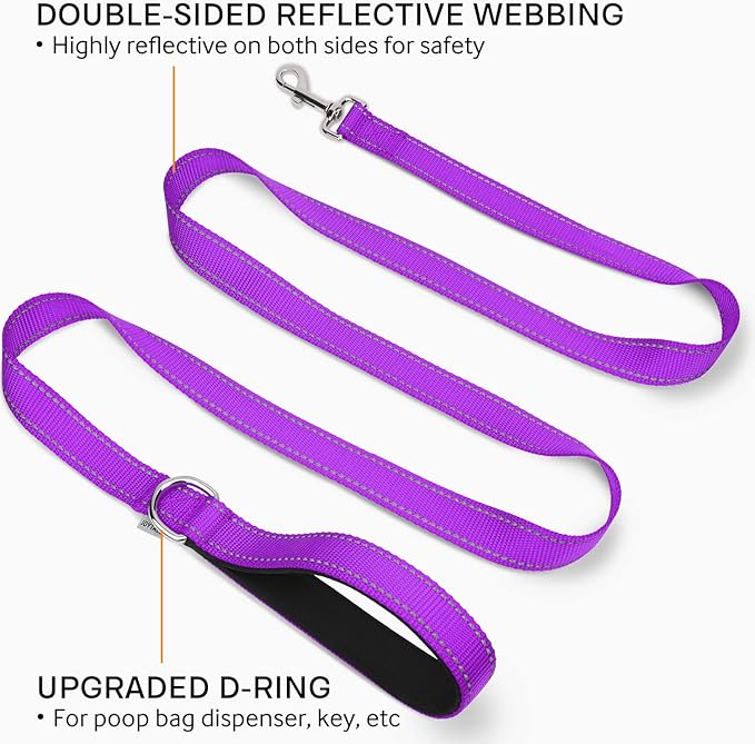 Joytale Dog Leash Heavy Duty for Large Medium Dogs, 6 FT Reflective Nylon Pet Walking Lead with Soft Padded Handle, Durable & Tangle Free for Training, Running & Safety Control, Purple