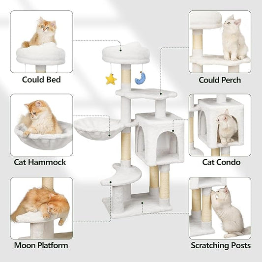 43-Inch Cat Tree,Cute Cloud Cat Tree for Kittens & Small Cats Under 6 Months 9lbs, Cat Tower with Scratching Post, Double Condos, Plush Hammock & Dangling Toys, White