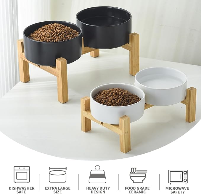Elevated Ceramic Dog Bowl Set - Raised Dog Bowls with Non Slip Bamboo Stand, Food and Water Bowl Set for Kitty, Cats and Toy Breed Dogs, Pet Bowls, Weighted Dogs Dishes (5.1'', 2*16OZ, Black)
